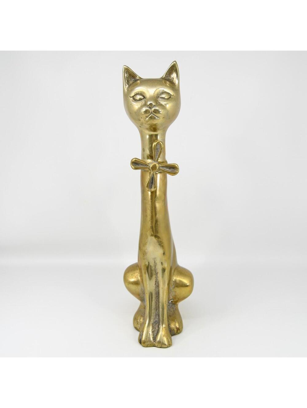 Vintage Brass Large Cat w/ Bowtie Figure Sculpture 16” Mid Century Modern Korea